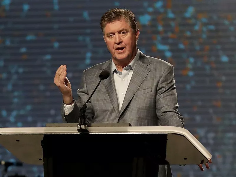 The Southern Baptist Convention President Steve Gaines gives the president’s address during the SBC annual meeting in Phoenix. (AP)