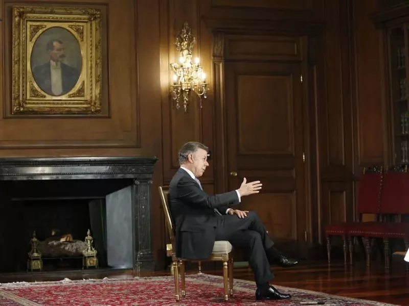 Colombia’s P r e s i d e n t Juan Manuel Santos speaks during an interview
at the Presidential Palace in Bogota, Colombia.
