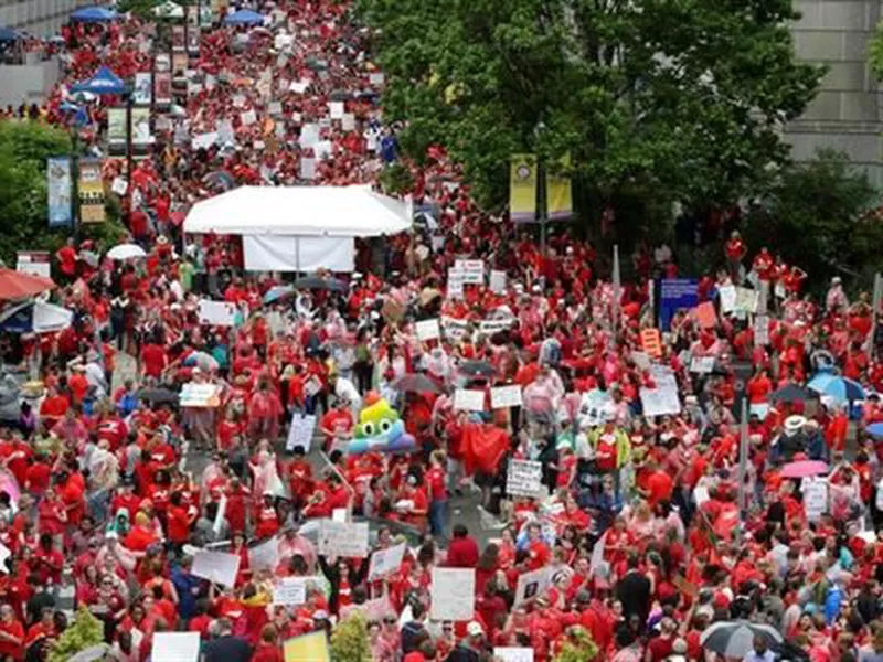 Educators fill Bicentennial Plaza during a teachers rally at the General Assembly in Raleigh, N.C.