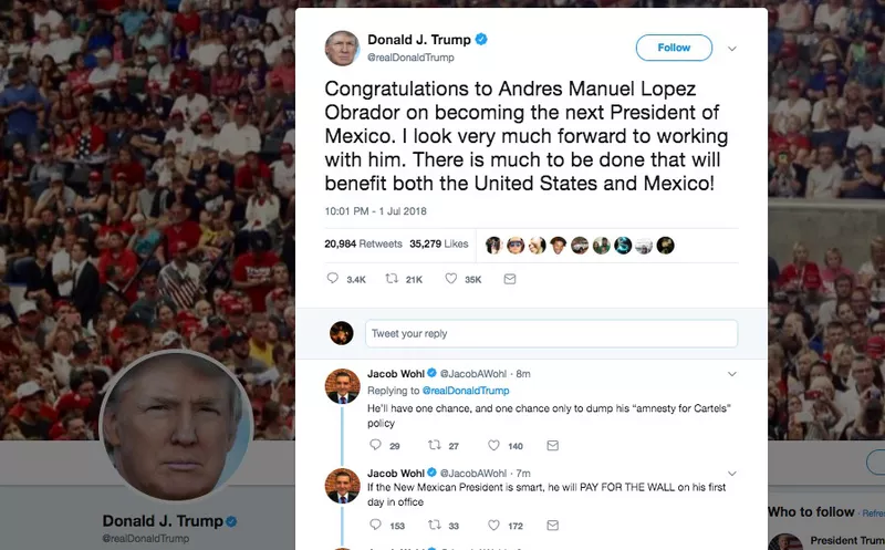 Mensaje de Donald Trump para López Obrador en su red social.