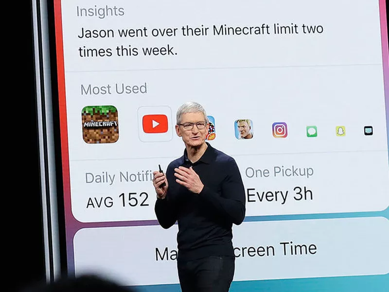 Apple CEO Tim Cook speaks in front of a Screen Time image during an announcement of new products at the Apple Worldwide Developers Conference, in San Jose, Calif. (AP)