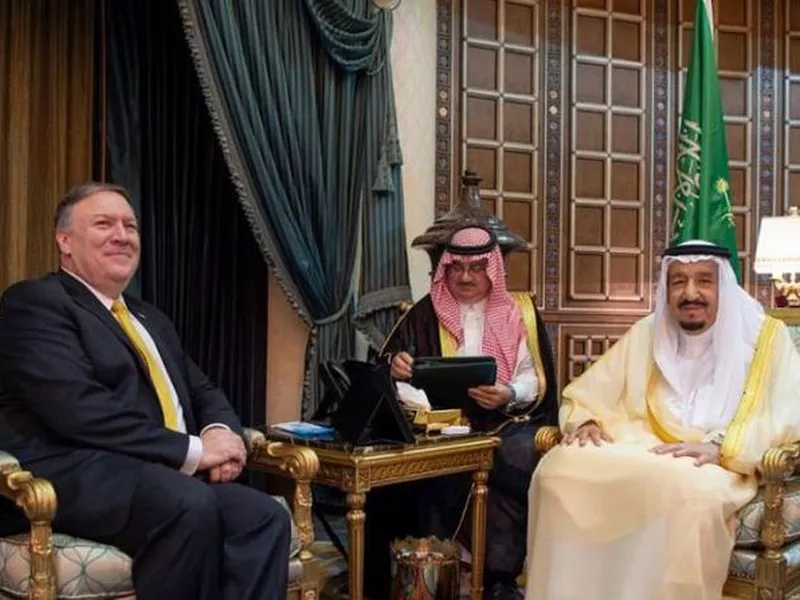 Mike Pompeo, left, is welcomed by Saudi King Salman in Riyadh, Saudi Arabia. (AP)
