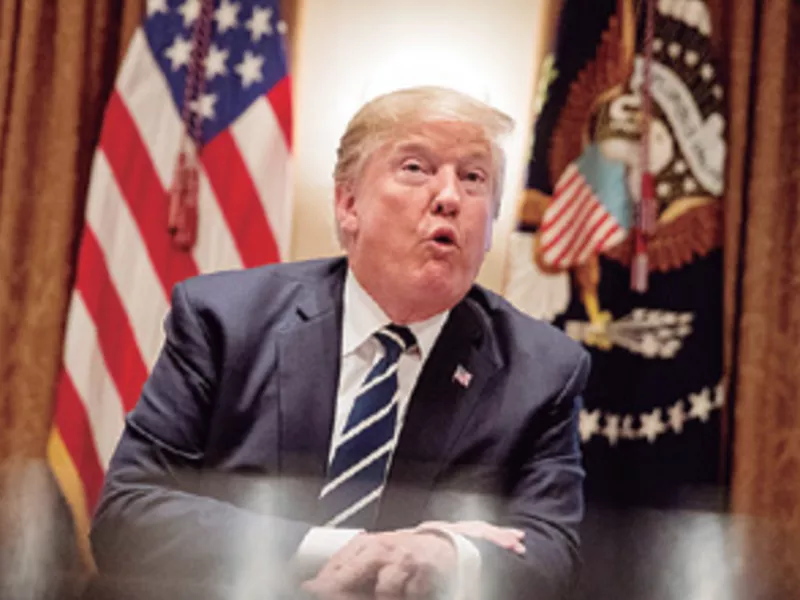 President Donald Trump speaks to members of the media as he meets
with members of Congress in the Cabinet Room of the White House, in
Washington.