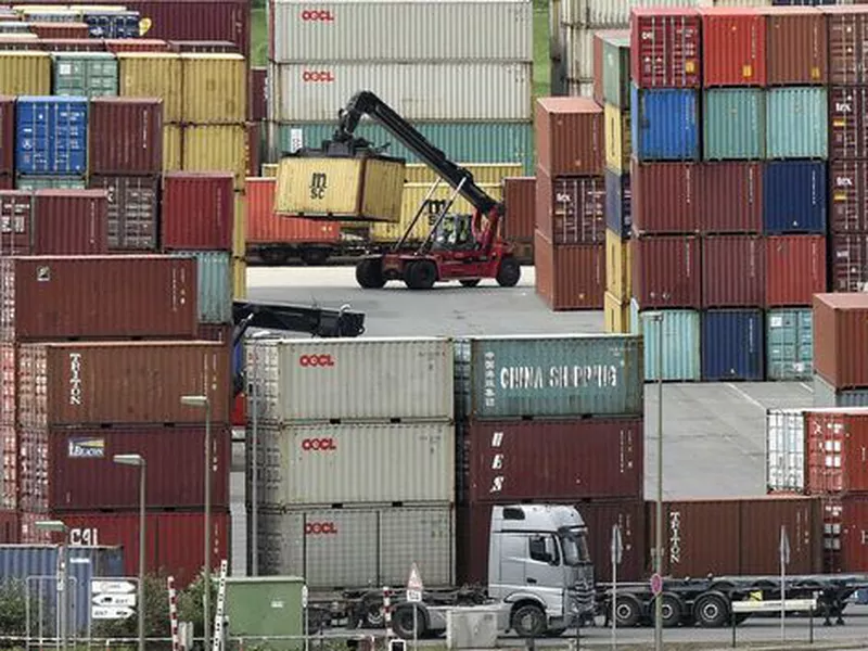 Containers are stored for export at a harbor in Duisburg, Germany. (AP)