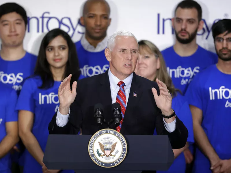 Vice President Mike Pence speaks during an Infosys economic development announcement, in Indianapolis. (AP)