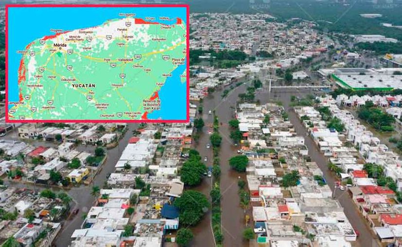 En 2050 la subida del nivel del mar dejaría completamente bajo el agua ciudades como Progreso, Celestún y El Cuyo, como se observa en las zonas en rojo de este mapa. (https://coastal.climatecentral.org/)