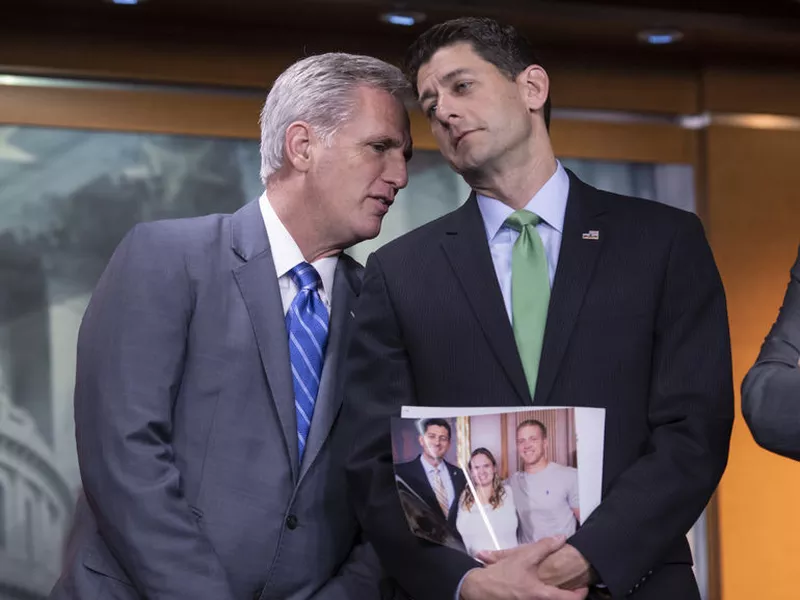 House Majority Leader Kevin McCarthy, R-Calif., and Speaker of the House
Paul Ryan, R-Wis., during a press conference following a closed-door GOP
meeting on immigration, on Capitol Hill in Washington.