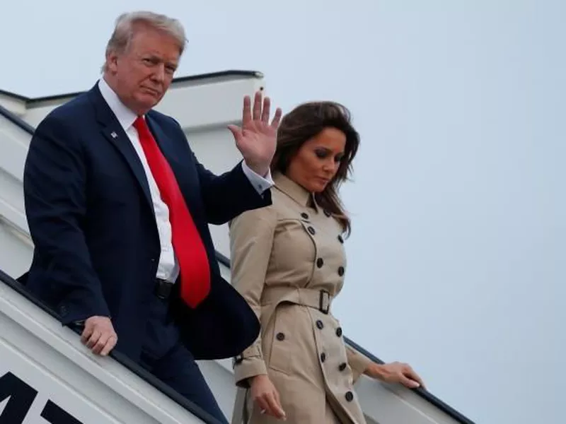 President Donald Trump and Melania Trump arrive on Air Force One at
Melsbroek Air Base, in Brussels, Belgium.