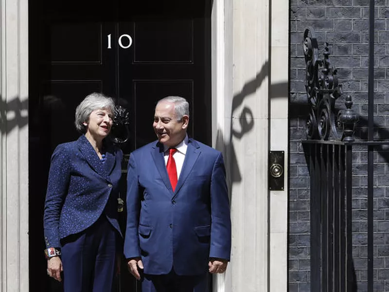 Britain’s Prime Minister Theresa May greets Israeli Prime Minister Benjamin Netanyahu in Downing Street, London. May and Netanyahu held talks inside 10 Downing Street.