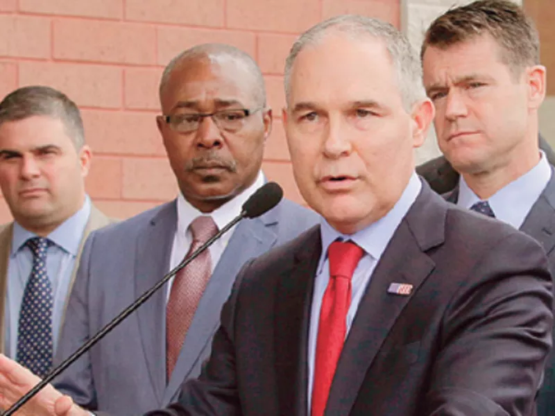 Environmental Protection Agency Administrator Scott Pruitt speaks at a news conference with Pasquale “Nino” Perrotta, second from left, in East Chicago, Ind. (AP)