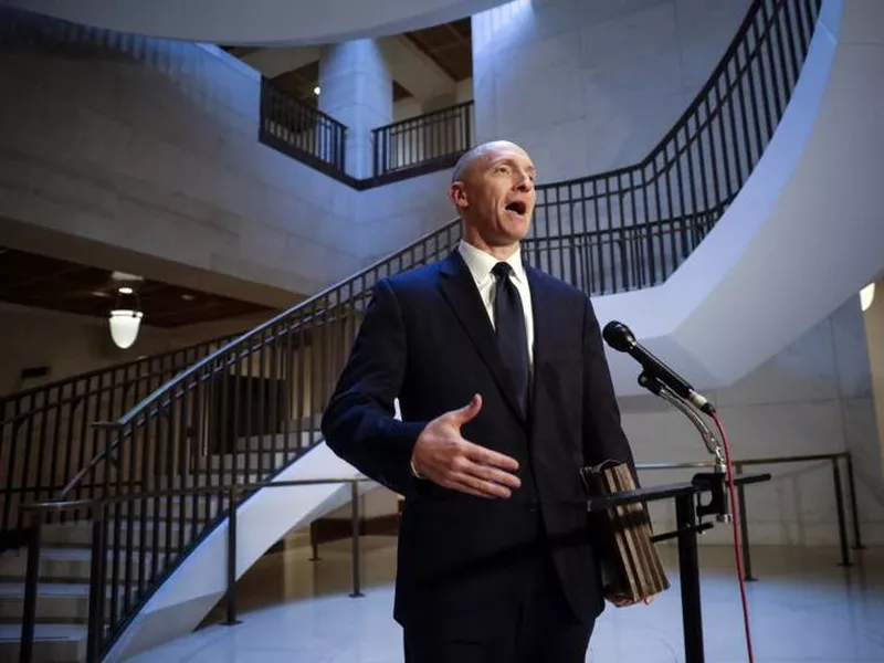 Carter Page, a foreign policy adviser to Donald Trump’s 2016 presidential campaign, speaks with reporters following a day of questions from the House Intelligence Committee, on Capitol Hill in Washington.