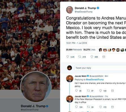 Trump felicita vía Twitter a AMLO por su triunfo