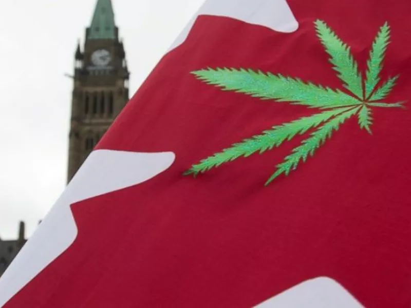 A Canadian flag with a cannabis leaf flies on Parliament Hill during a 4/20
event in Ottawa, Ontario.