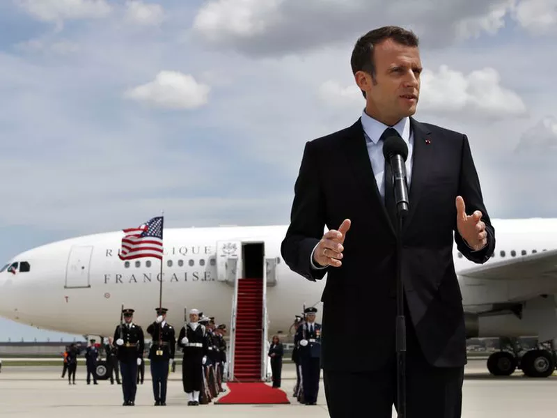 French President Emmanuel Macron speaksa on arrival at Andrews Air Force Base, Md., outside of Washington. President Trump, celebrating nearly 250 years of U.S.-French relations, will be hosting Macron. (AP)