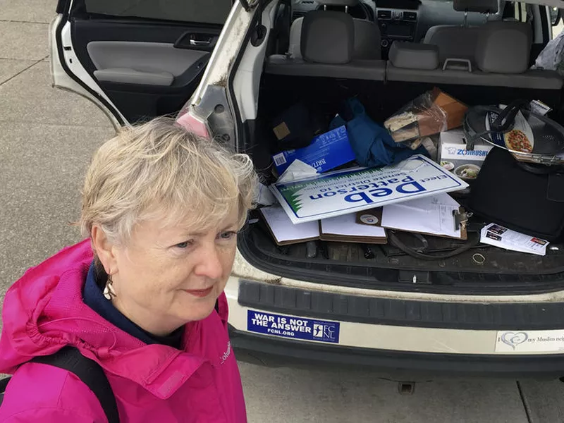 Deb Patterson prepares to canvass in Independence, Oregon hoping to win the Oregon May 15 primary and unseat four-term Republican Sen.