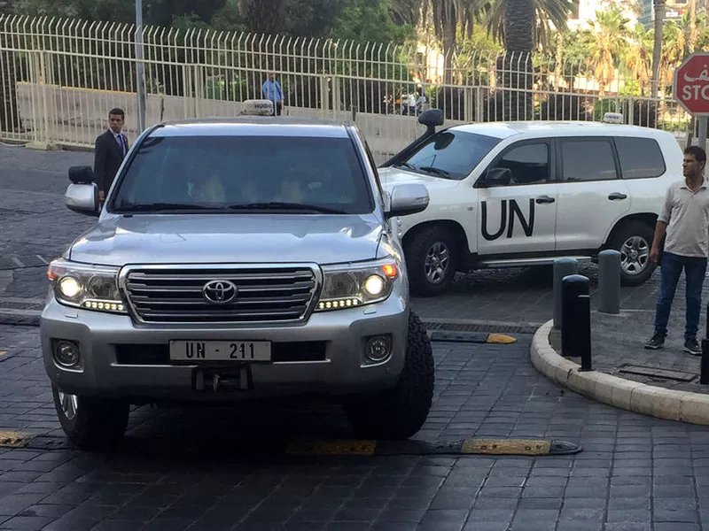 A vehicles carrying the team of the Organization for the Prohibition of Chemical Weapons (OPCW), arrived at hotel in Damascus, Syria.