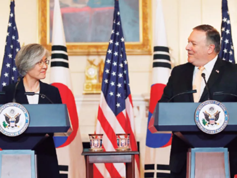 Secretary of State Mike Pompeo, right, speaks during a media availability with South Korean Foreign Minister Kang Kyung-wha at the State Department, in Washington. (AP)
