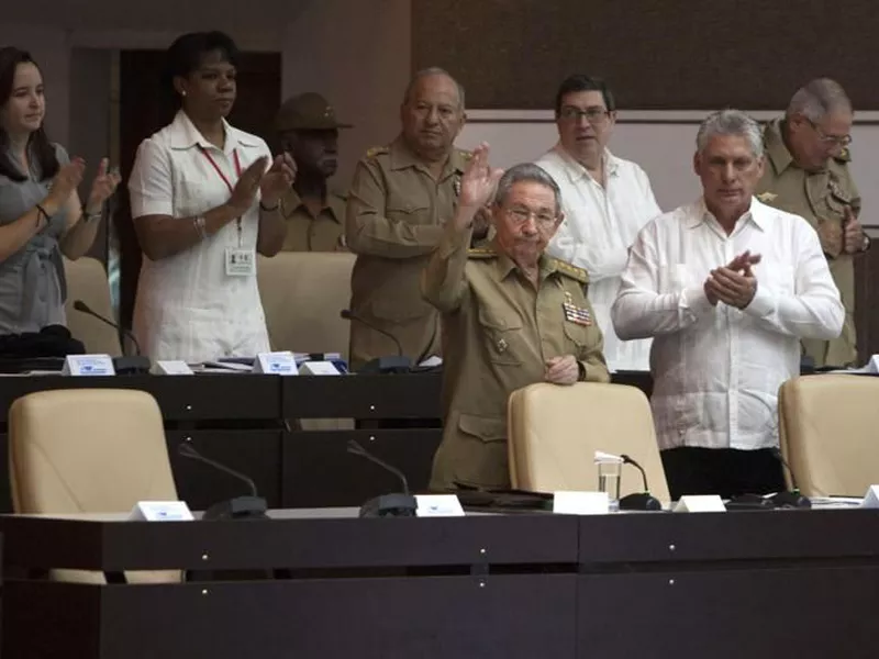 Cuba’s Raul Castro, front left, and then vice president Miguel DiazCanel, front right.
