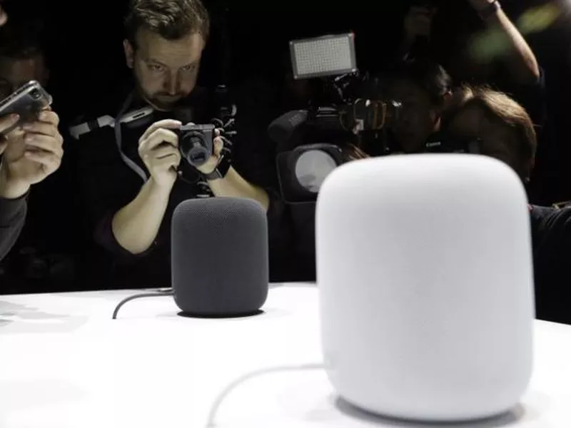 The HomePod speaker is photographed in a a showroom during an announcement of new products at the Apple Worldwide Developers Conference in San Jose, Calif.