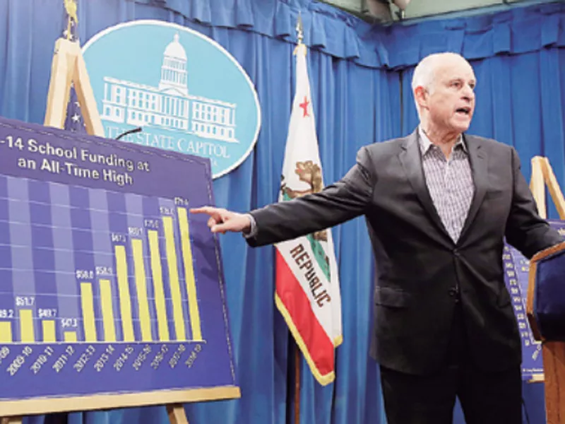 Gov. Jerry Brown gestures toward a chart showing the increase in K-14 school funding, while discussing his revised 2018-19 state budget at a Capitol news conference, in Sacramento, Calif. (AP)