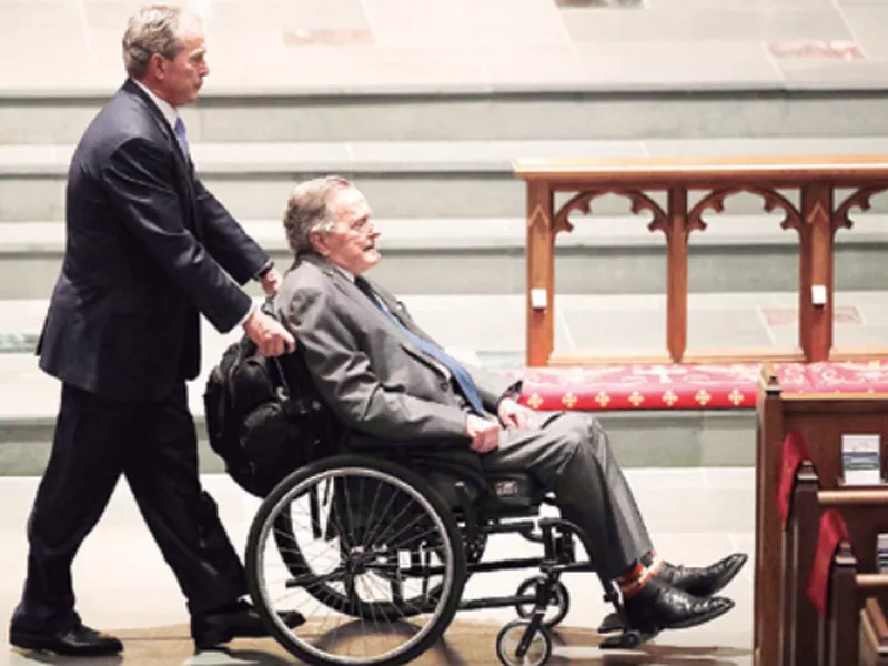 Former Presidents George W. Bush, left, and George H.W. Bush arrive at St. Martin’s Episcopal Church for a funeral service for former first lady Barbara Bush. (AP).