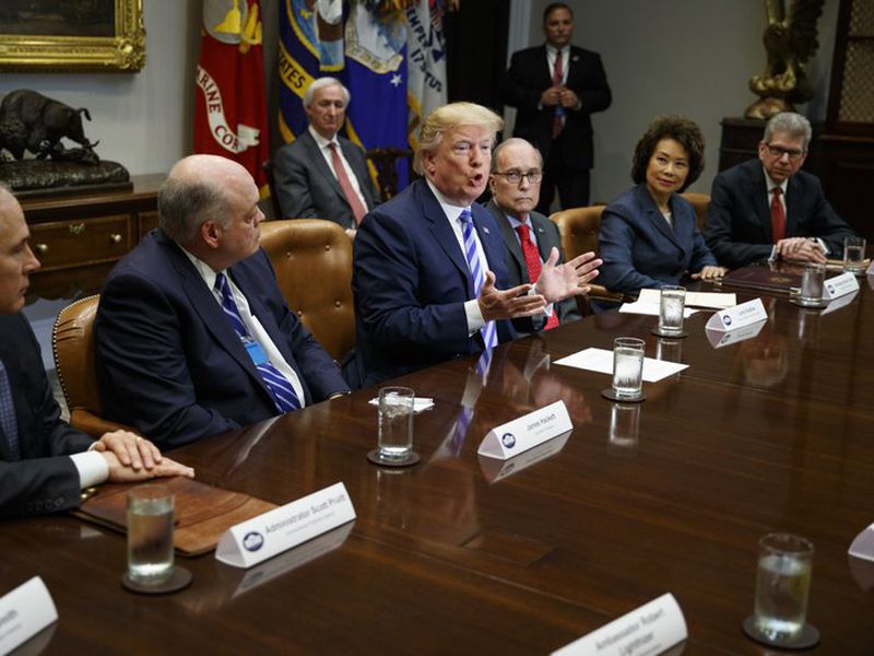 President Donald Trump speaks during a meeting with automotive executives in the Roosevelt Room of the White House, in Washington. (AP)