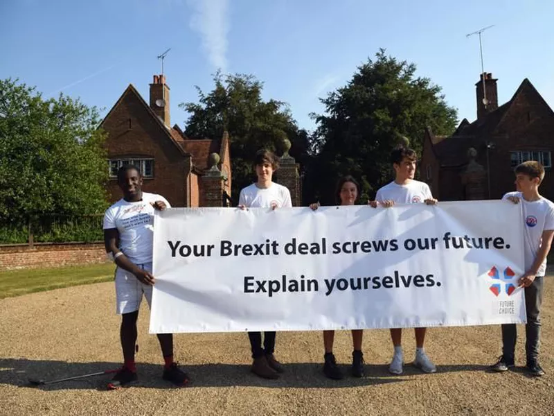 Anti-Brexit activists from Our Future Our Choice stand outside Chequers, in Buckinghamshire, England. (AP)