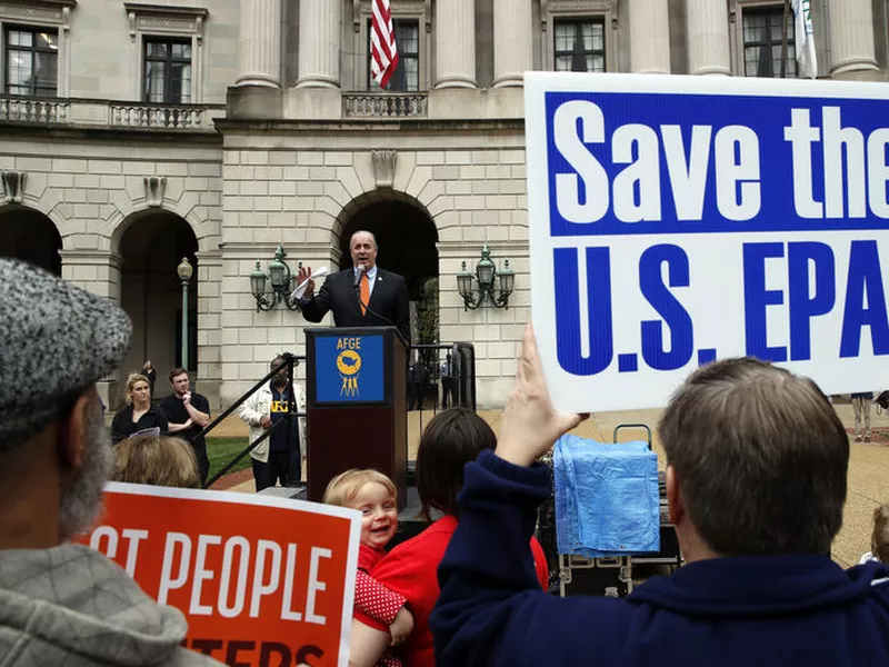 Rep. Dale Kildee, D-Mich., speaks about EPA Administrator Scott Pruitt and the state of the EPA during a protest by the American Federation of Government Employees union.