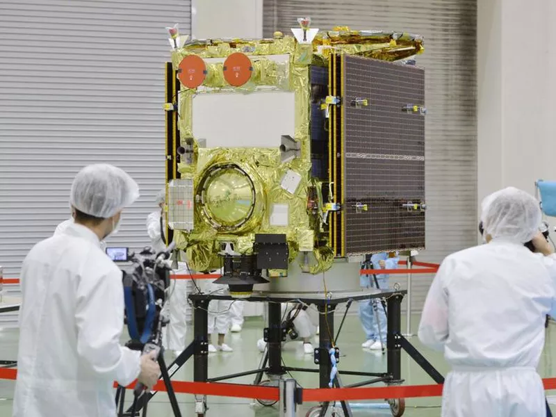 In this photo, asteroid explorer Hayabusa2 is displayed to media.