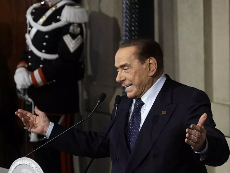 In this file photo, Forza Italia party’s leader Silvio Berlusconi addresses journalists at the Quirinale presidential palace in Rome. (AP)