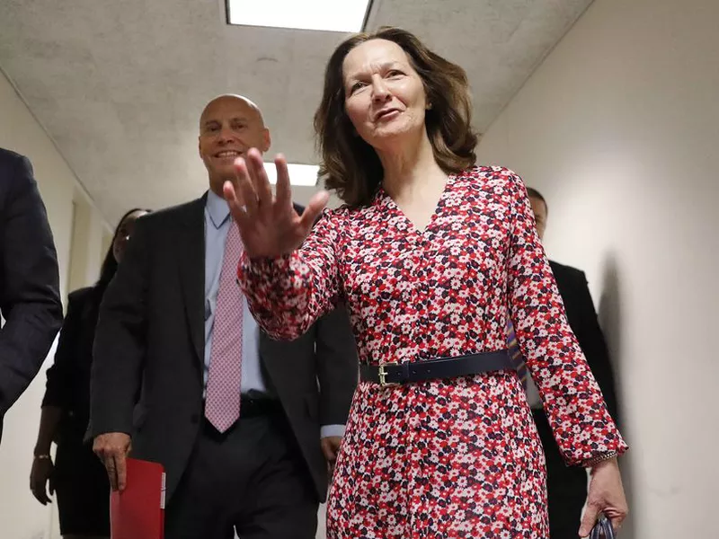 CIA Director Nominee Gina Haspel waves as she arrives for her meeting with Sen. Joe Manchin, D-W.Va., on Capitol Hill in Washington.