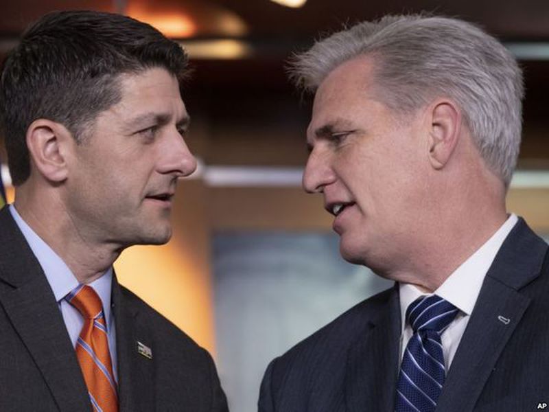 Speaker of the House Paul Ryan, R-Wis., left, confers with House Majority Leader Kevin McCarthy, R-Calif., during a news conference on Capitol Hill in Washington. (AP)