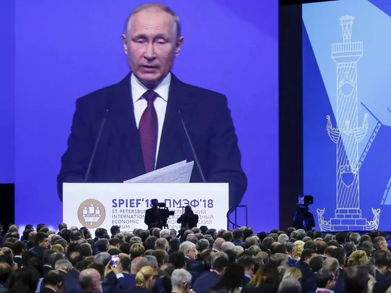 Russian President Vladimir Putin speaks at the St. Petersburg International Economic Forum in St. Petersburg, Russia. (AP)