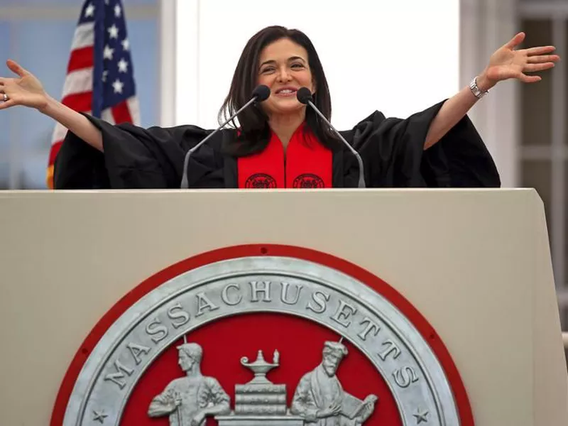 Sheryl Sandberg speaks during the MIT’s 2018 Commencement exercises, Friday, June 8, 2018 in Cambridge, Mass. (AP)