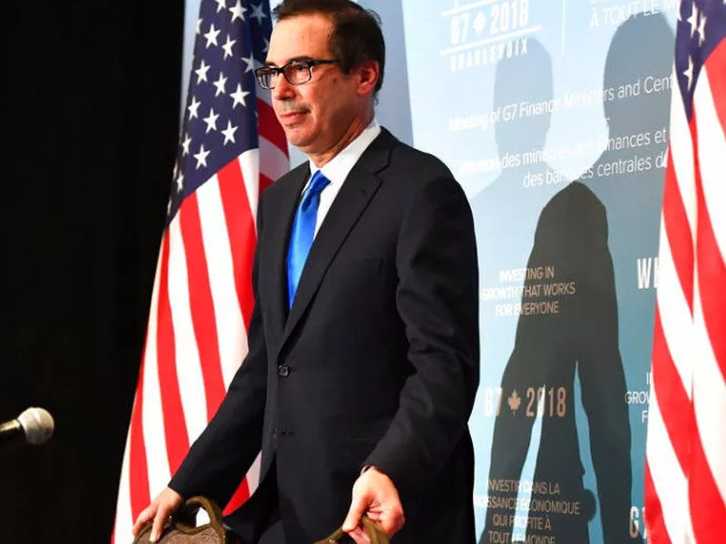 U.S. Treasury Secretary Steven Mnuchin arrives at a press conference during a meeting for the G7 Finance and Central Bank Governors in Whistler. (AP)