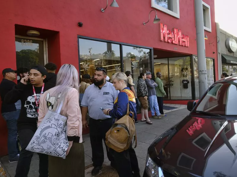 Customers line up for recreational marijuana outside of MedMen, a dispensary in West Hollywood, California. (AP)